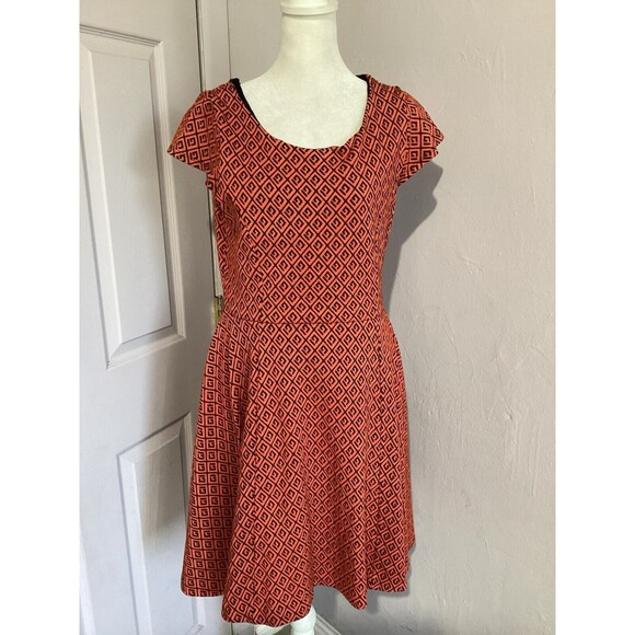 Maeve Orange Black Geo A-Line Mini Pullover Dress Cap Sleeve Knit M - Picture 1 of 6